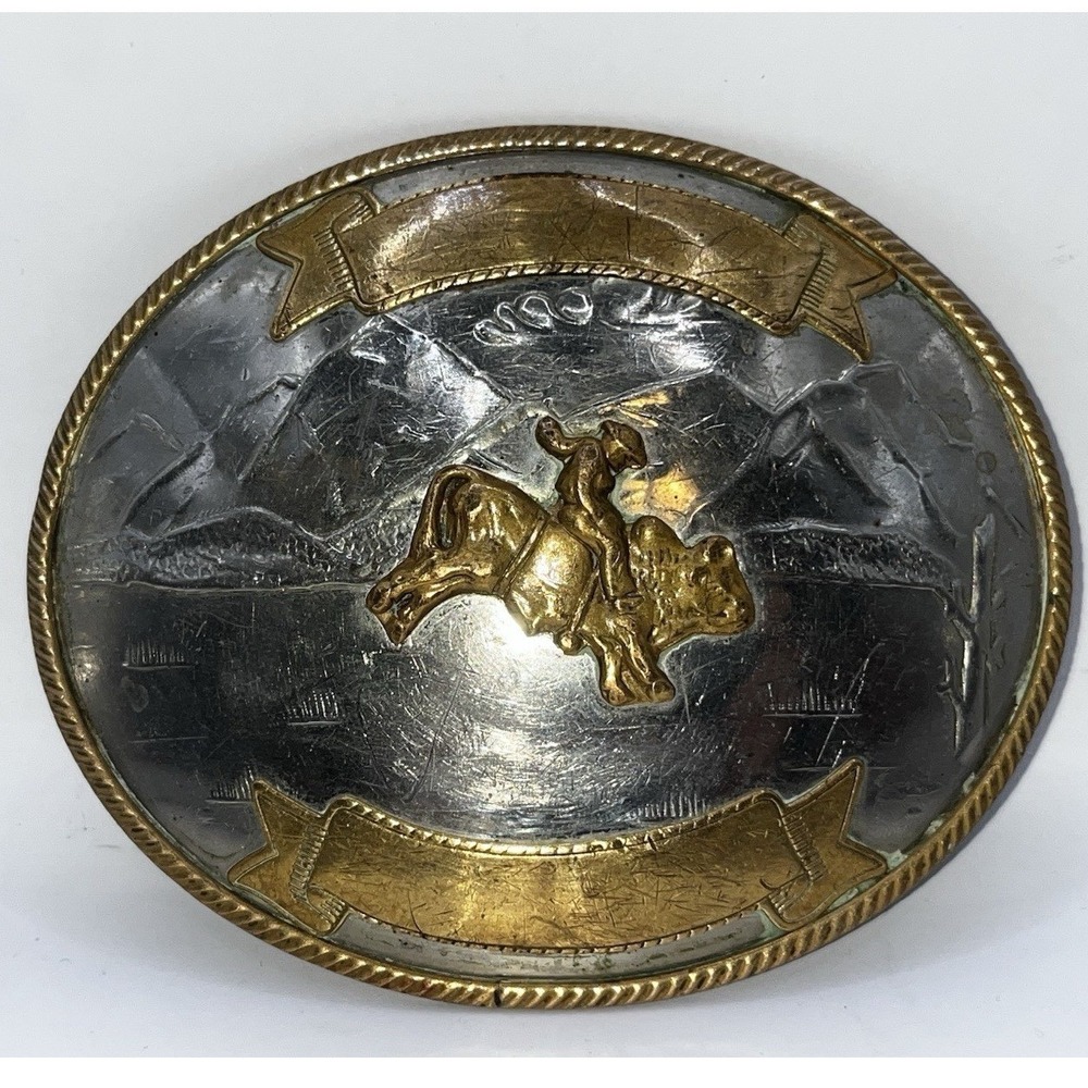 Vintage German Silver Bull Rider Trophy Belt Buckle Western Cowboy Two Toned